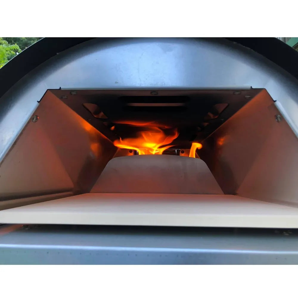 WPPO Le Peppe portable pizza oven in red with a built-in thermometer and stainless steel door.