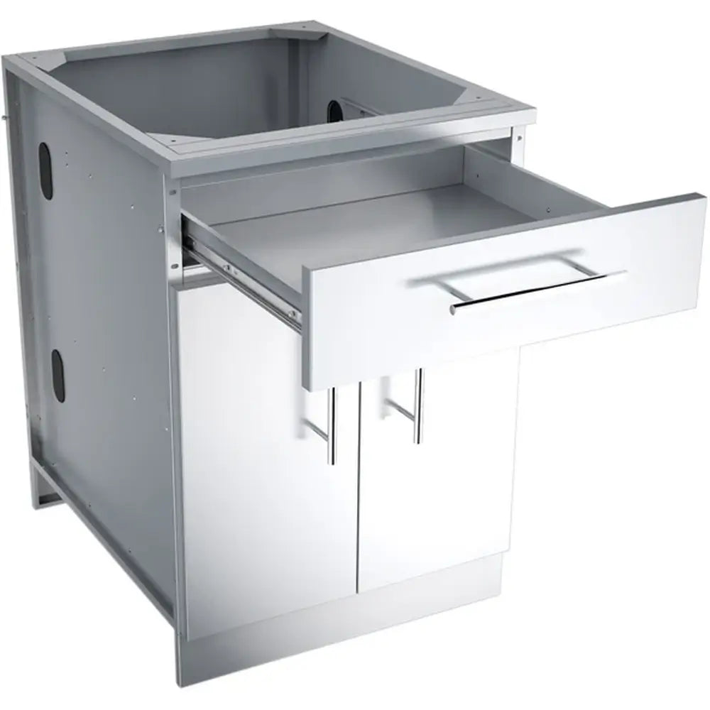 The Sunstone SBC24CDD with the top drawer fully extended, demonstrating the smooth glide tracks and spacious storage for grilling tools.