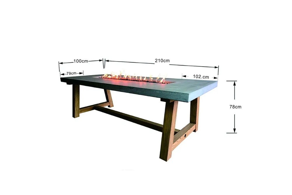Dimensions for Elementi OFG201 Sonoma Dining Fire Table 45k BTU showing 42.1 inch width and 28 inch height.