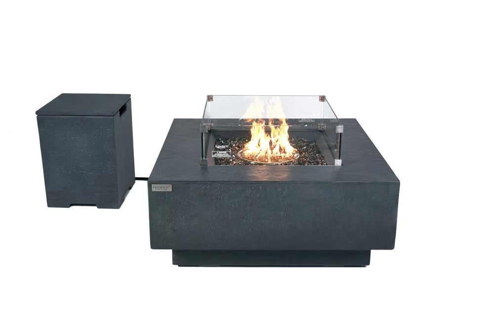 Bergen slate black fire table with matching stone-textured propane tank cover.