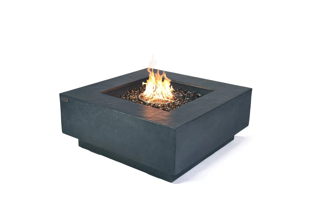 60,000 BTU Bergen slate black fire table with linear flame on white background.