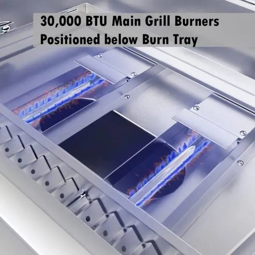 Sunstone SUNCHZ30 30,000 BTU main gas burners below adjustable charcoal burn tray
