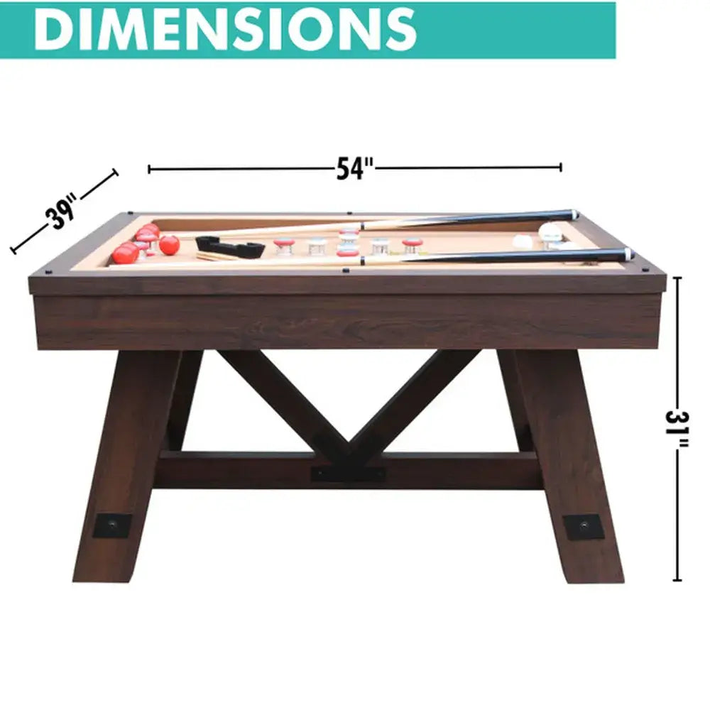 Dimensions of Freetime Fun Baddah Bing Bumper Pool table: 54 inches long, 39 inches wide, and 31 inches high.