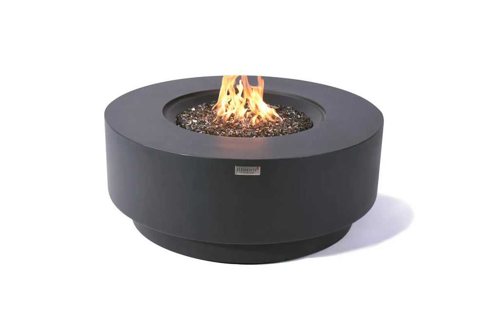 Elementi Plus Nimes OFG414DG dark gray round fire table with flame and fire glass.