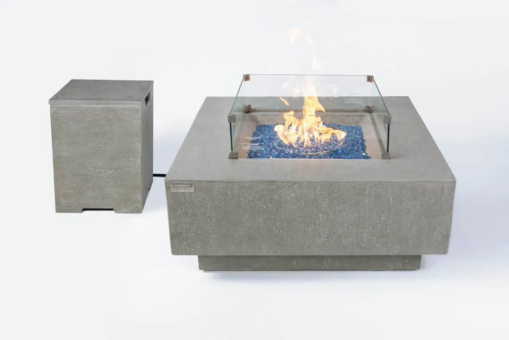 Victoria space gray fire table with matching stone-textured propane tank cover.