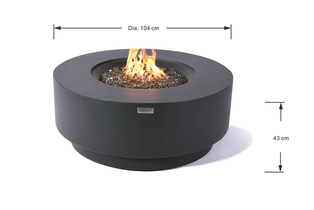 Elementi Plus Nimes OFG414DG fire table dimensions showing 104 cm diameter and 43 cm height.