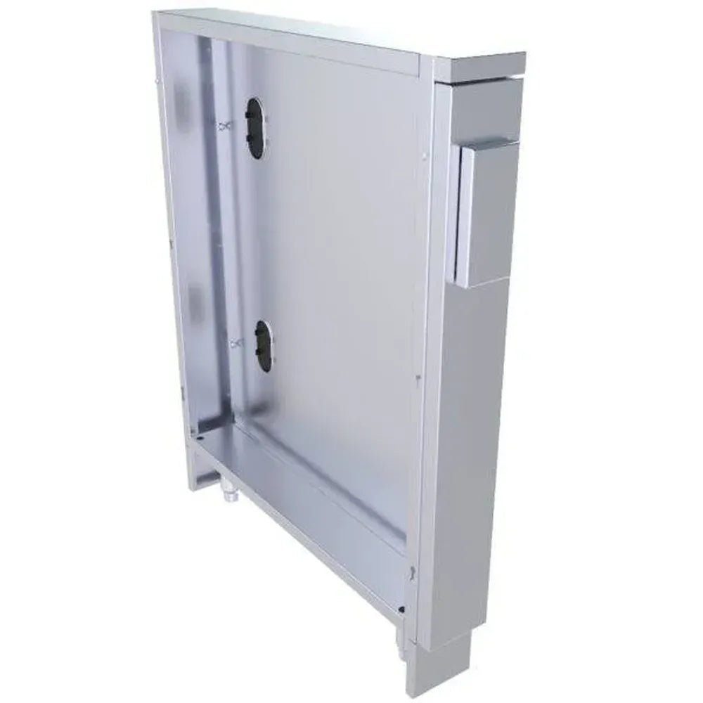 Rear view of Sunstone 4" partition panel combo (SCC4SPEL/SCC4SPER), stainless cabinet partition with mounting flanges and access cutouts.