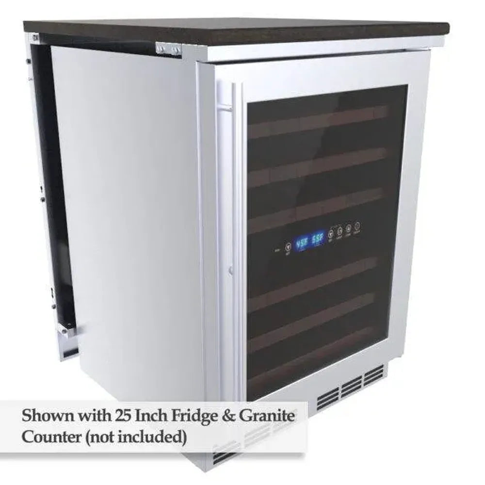 Sunstone SCC25SPE 25" back appliance panel shown with 25-inch outdoor fridge and granite countertop (not included).