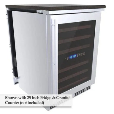 Sunstone SCC25SPE 25" back appliance panel shown with 25-inch outdoor fridge and granite countertop (not included).