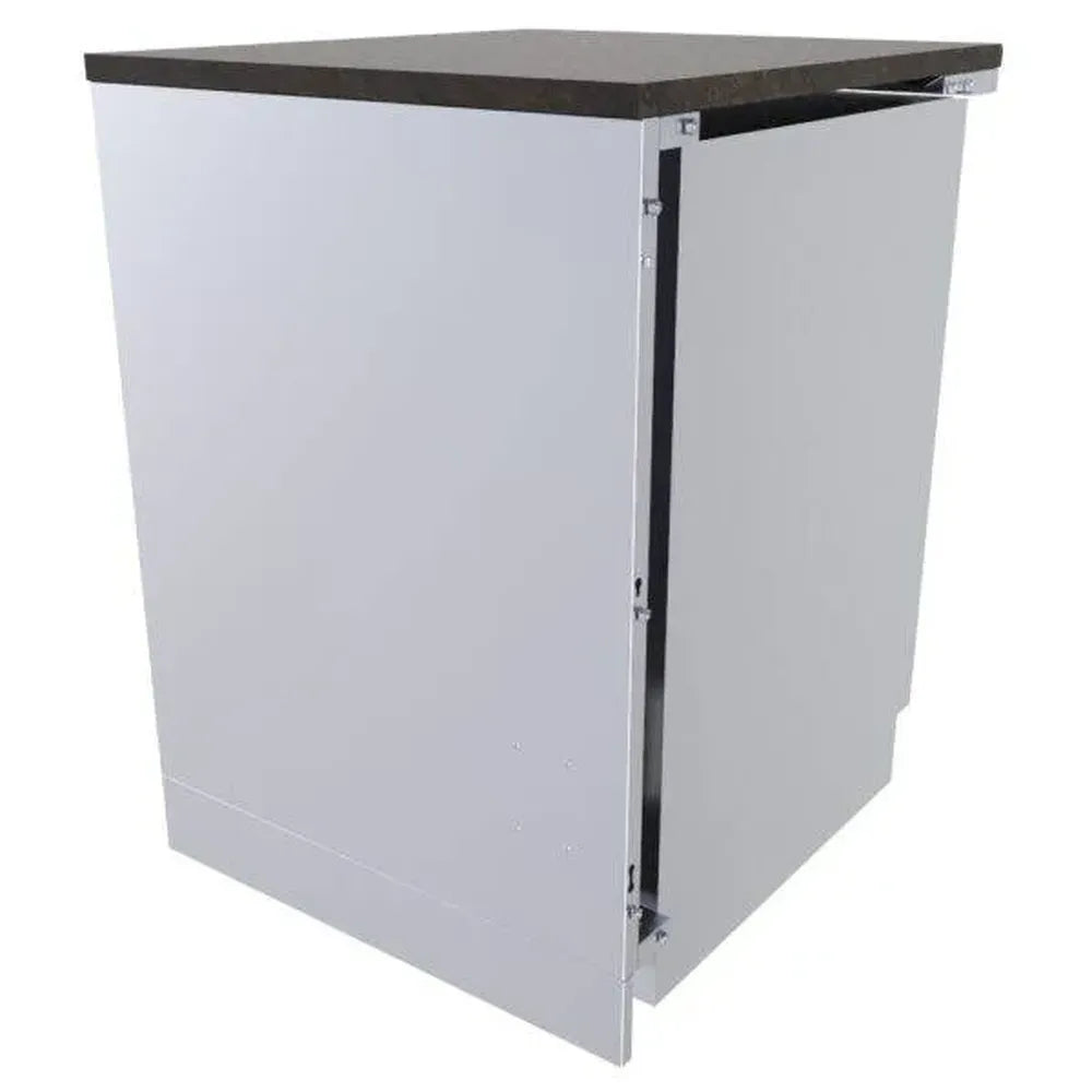 Sunstone SCC25SPE 25" stainless back appliance panel installed behind outdoor refrigerator cabinet with granite counter overhang.
