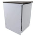 Sunstone SCC25SPE 25" stainless back appliance panel installed behind outdoor refrigerator cabinet with granite counter overhang.