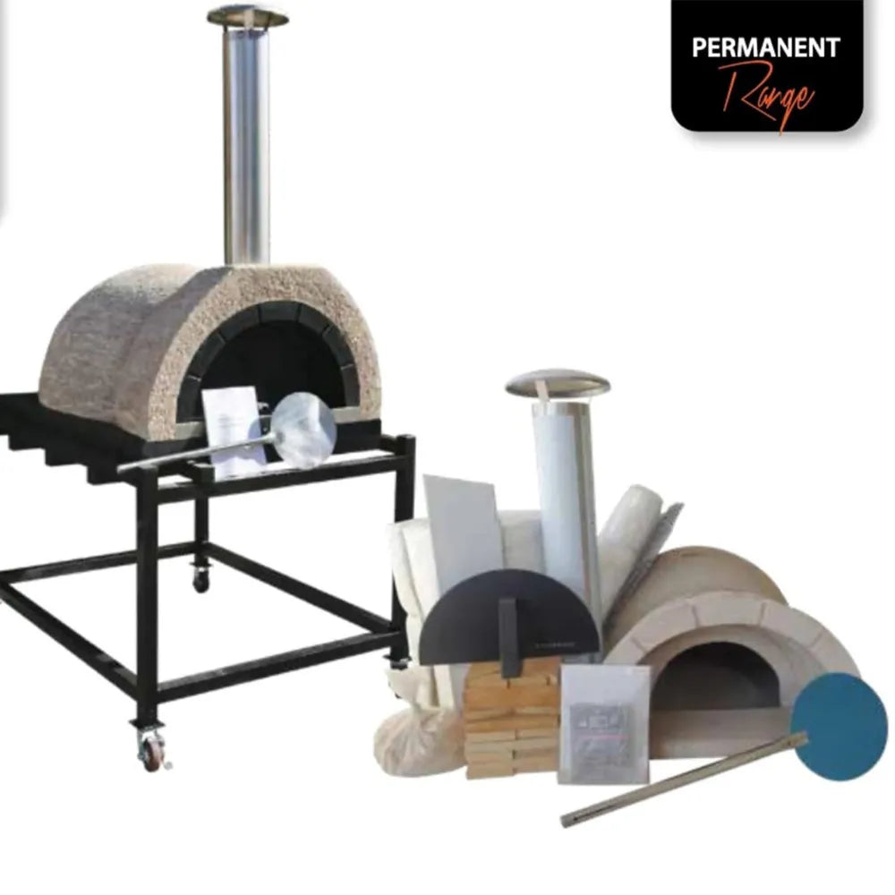WPPO Tuscany DIY wood-fired oven kit with stone oven, chimney, stand, pizza peel, and included assembly components.