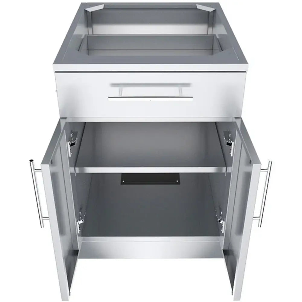 Interior view of the Sunstone 24-inch cabinet with doors open, showcasing the adjustable full-depth internal storage shelf.