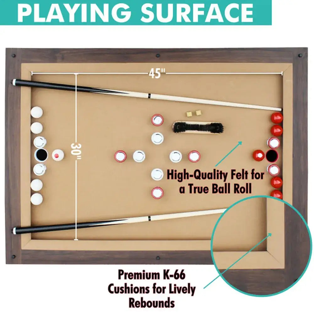 Playing surface of the Freetime Fun Baddah Bing Bumper Pool table (45" x 30"), showing High-Quality Felt and Premium K-66 Cushions for a true ball roll.