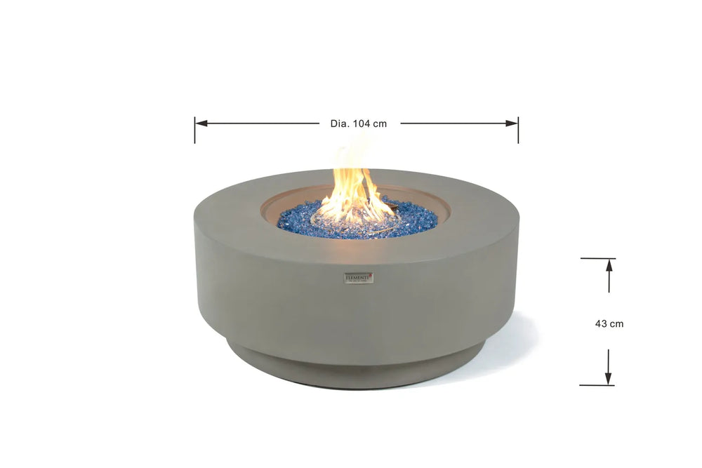 Elementi Plus Colosseo OFG414LG fire table dimensions diagram showing 104 cm diameter and 43 cm height.