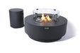 Elementi Plus Nimes dark gray fire table with glass wind guard and propane tank cover.