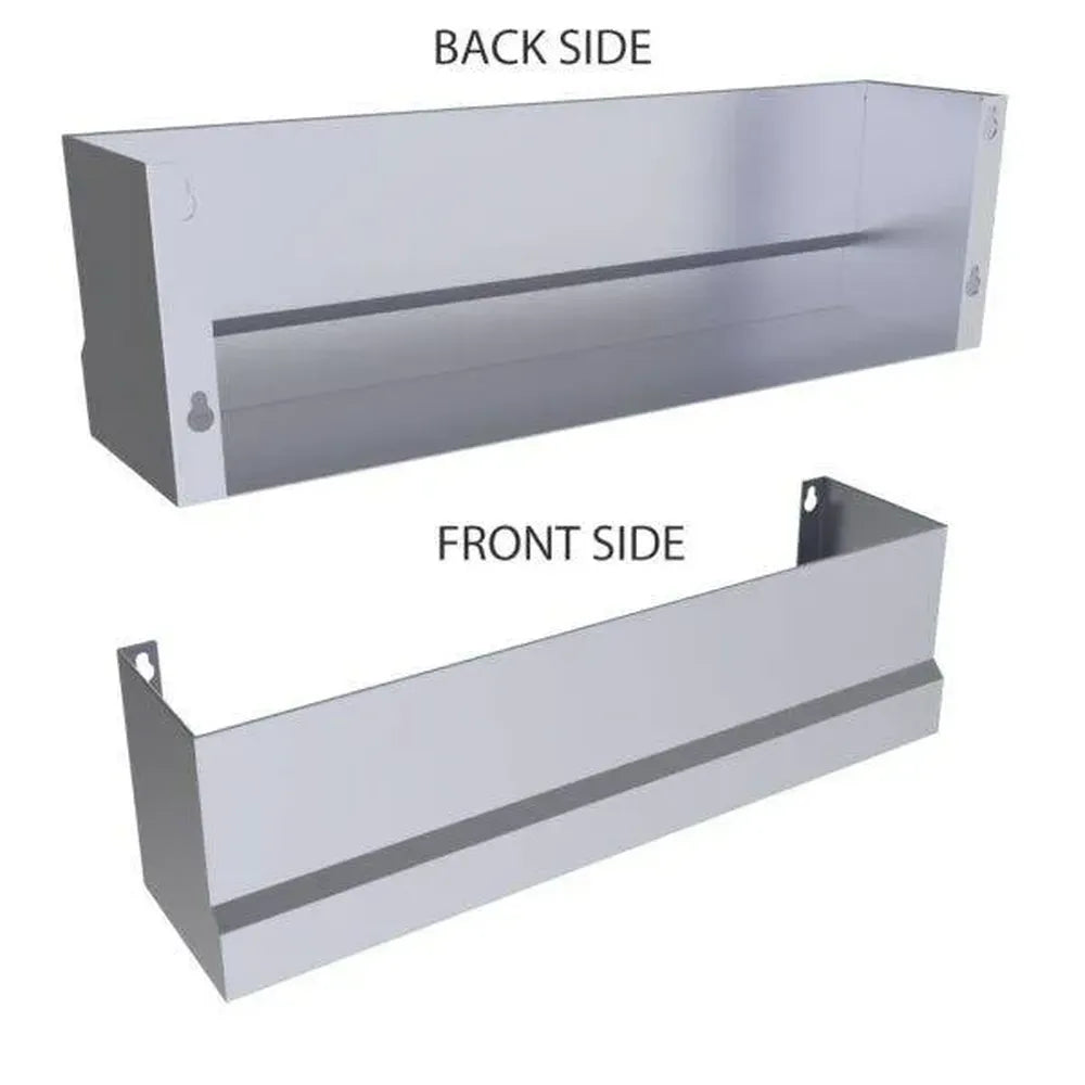 Sunstone SCC30KB-SPRAIL heavy-duty stainless speed rail shelf shown front and back, wall-mount pocket shelf for outdoor kitchens.