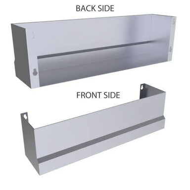 Sunstone SCC30KB-SPRAIL heavy-duty stainless speed rail shelf shown front and back, wall-mount pocket shelf for outdoor kitchens.