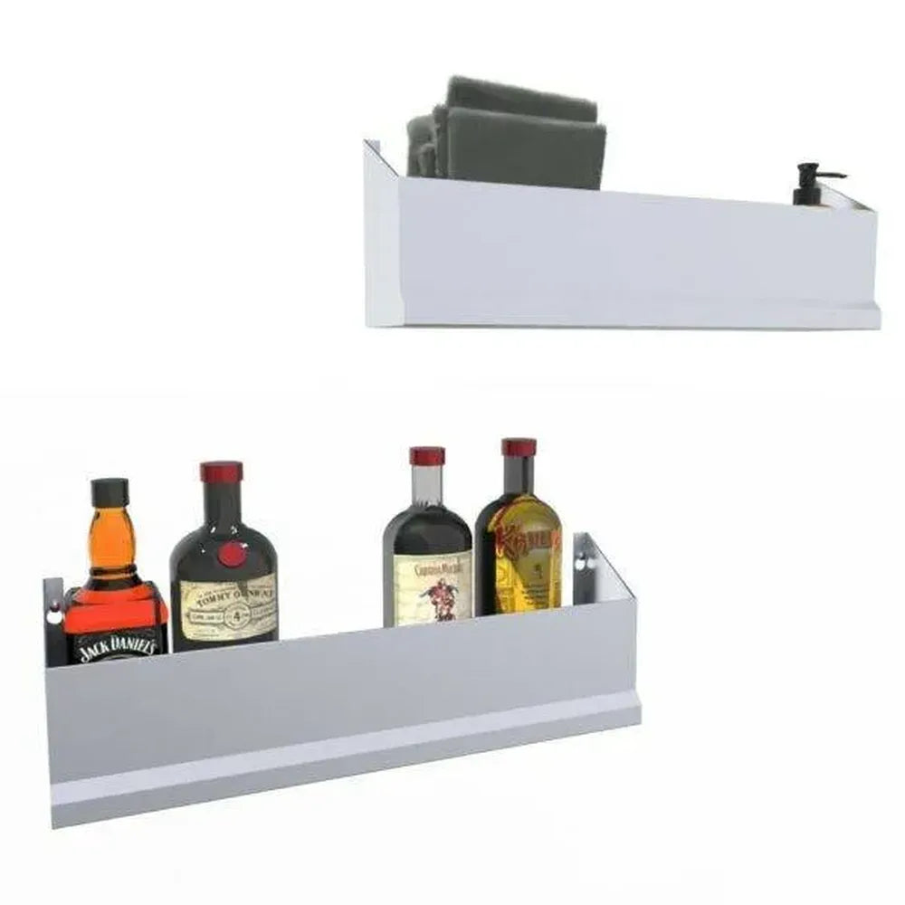 Sunstone stainless speed rail pocket shelf holding liquor bottles and bar towels, heavy-duty wall-mounted storage for outdoor bar.