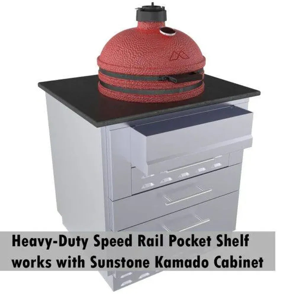Sunstone SCC30KB-SPRAIL heavy-duty speed rail pocket shelf installed on Sunstone Kamado cabinet, stainless accessory shelf for tools.
