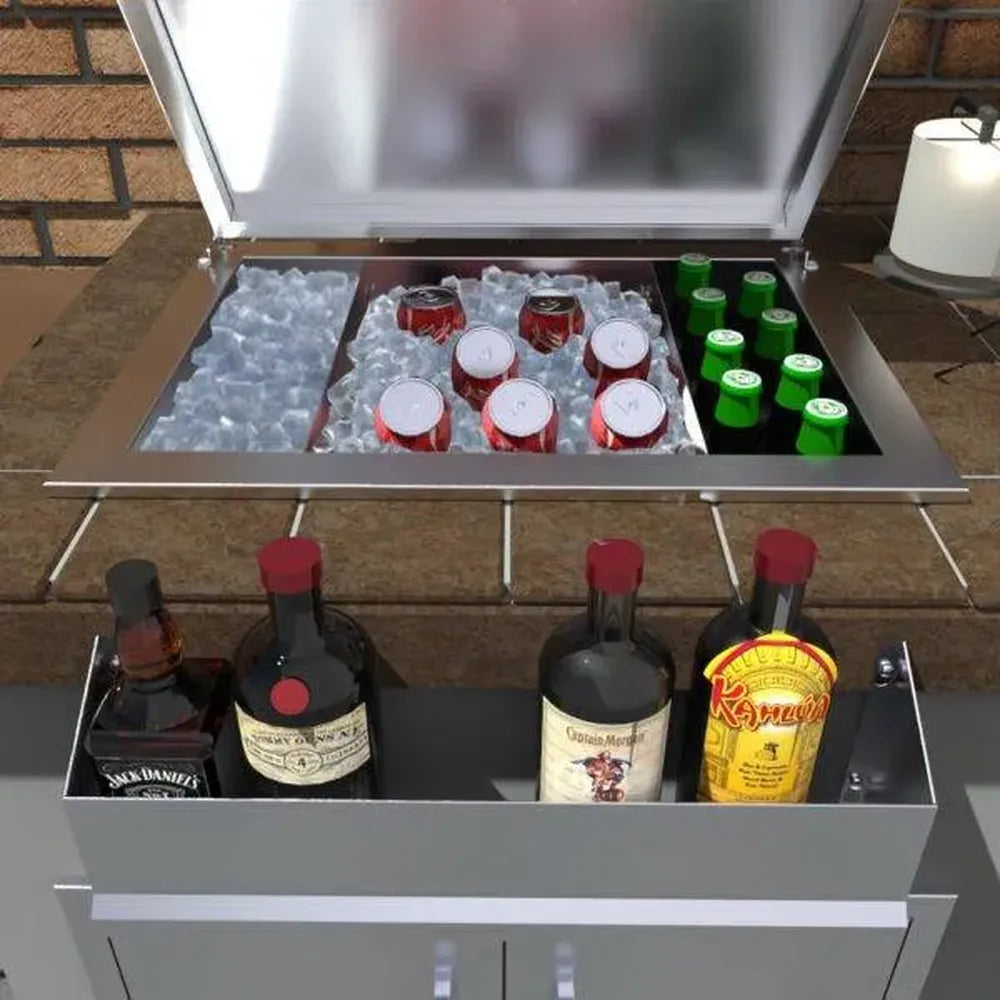 Sunstone heavy-duty stainless speed rail shelf holding liquor bottles below open ice chest, outdoor bar storage and organizer.