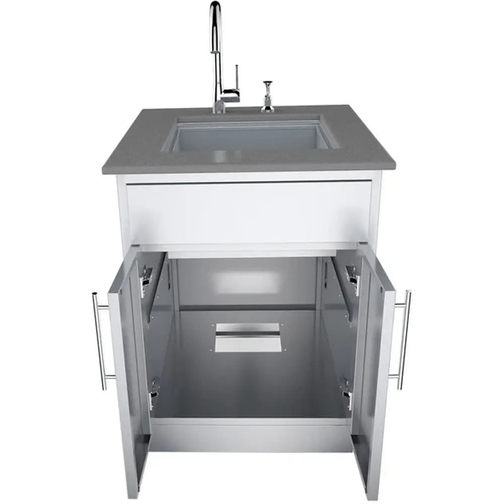 Front view of the Sunstone 24-inch cabinet configured as a sink base, showing the open internal plumbing area and top-mounted faucet setup.