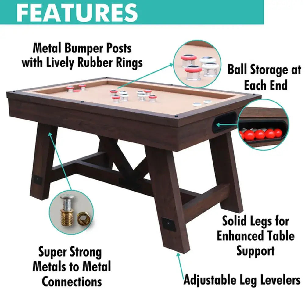 Key features of the Freetime Fun Baddah Bing Bumper Pool table: Metal Bumper Posts, Ball Storage, Solid Legs, Adjustable Leg Levelers, and Super Strong Metal-to-Metal Connections.