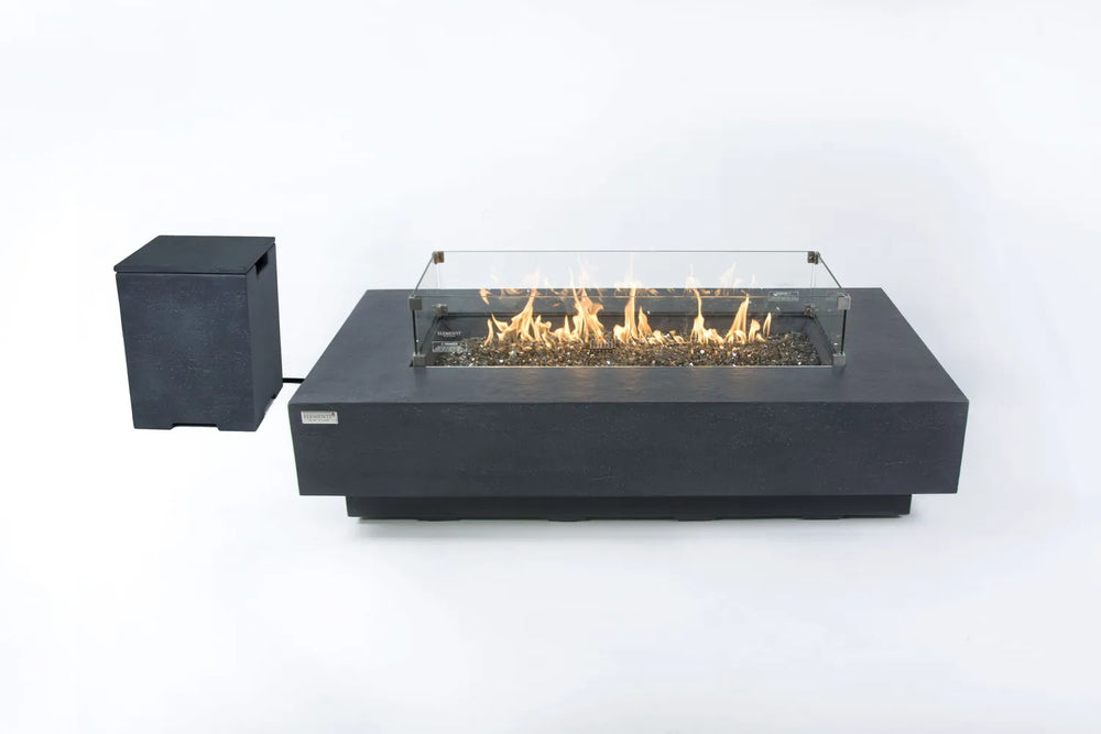 Elementi Plus Positano fire table with glass wind guard and matching propane tank cover.