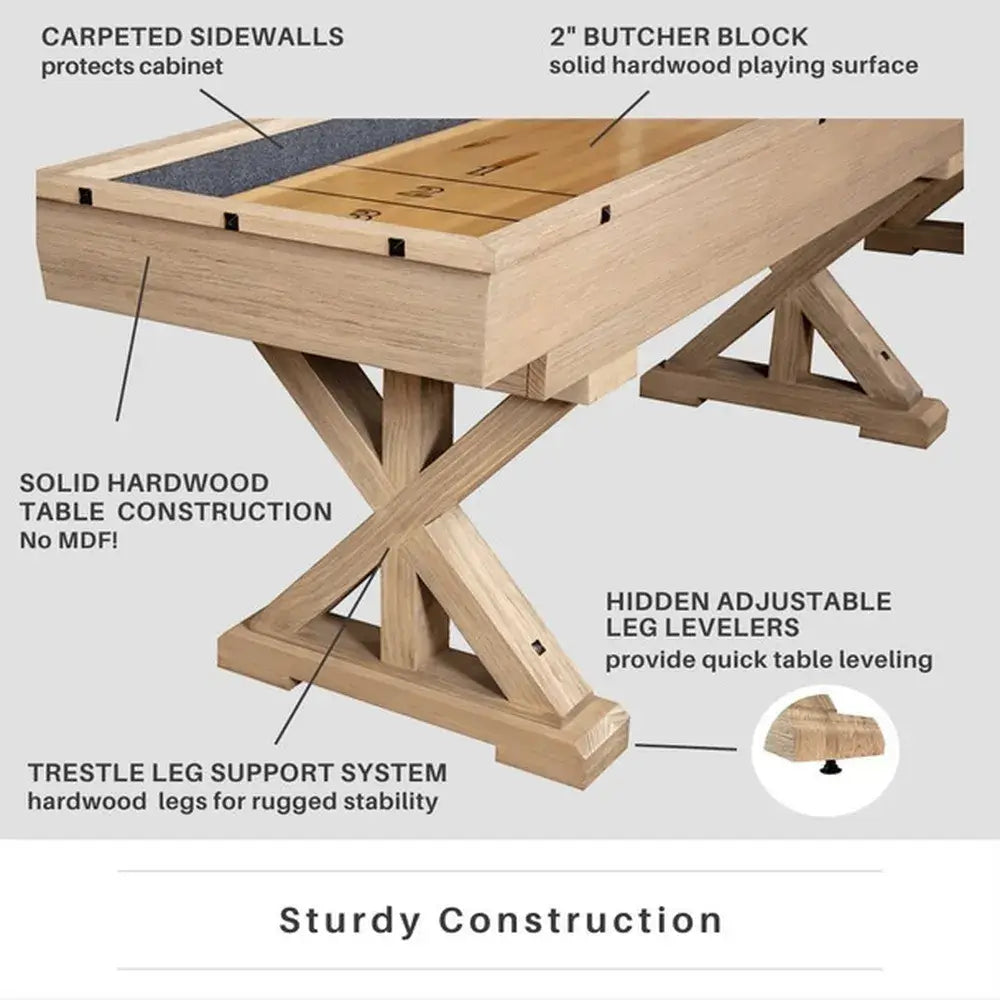 Freetime Fun Rustic Oak Shuffleboard Sturdy Construction: Solid Hardwood, 2-inch Butcher Block playing surface, Trestle Leg support, and adjustable leg levelers.