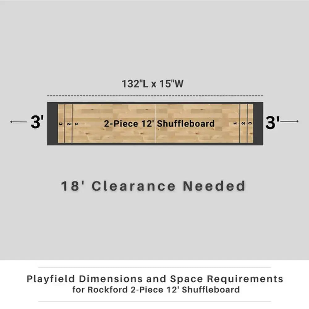 Room clearance diagram for the Freetime Fun Rockford 12-foot shuffleboard table showing 132-inch playfield and recommended 18-foot minimum room length