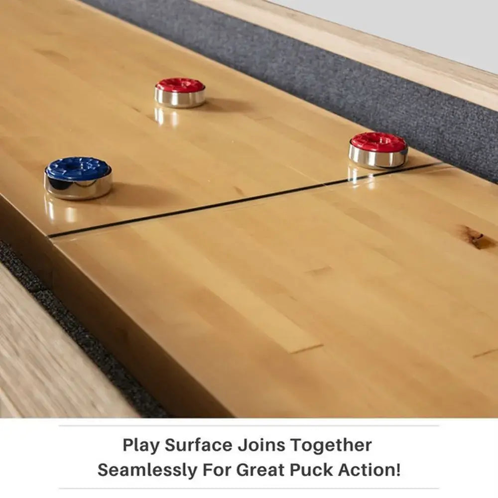 2-inch Butcher Block playing surface of the Rustic Oak Shuffleboard showing the seamless join where the two halves connect for great puck action.