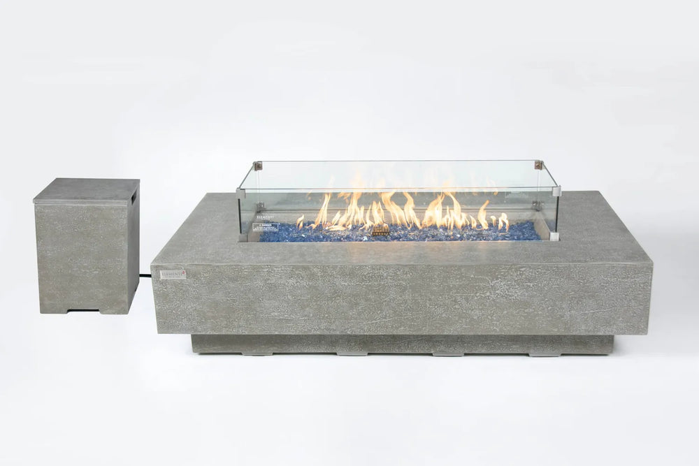 Elementi Plus Riviera OFG415LG fire table with glass wind guard and matching propane tank cover.