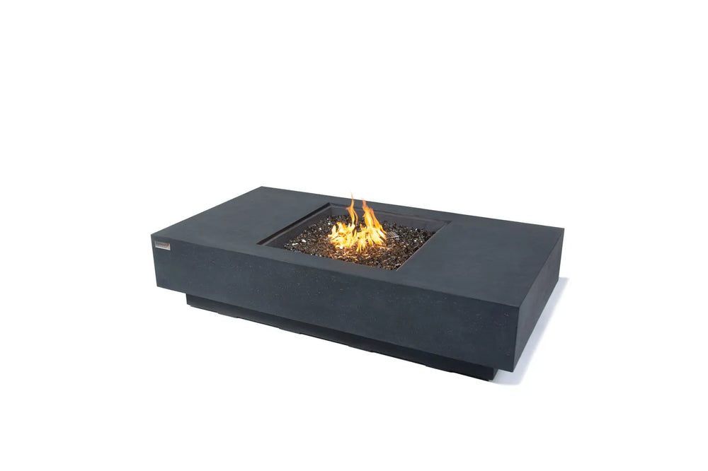 Elementi Plus Cannes OFG416DG dark gray fire table with lava rock and flame.