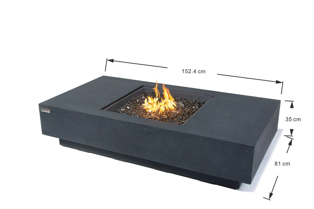 Elementi Plus Cannes 60-inch fire table dimensions showing 152.4 cm length, 81 cm width, and 35 cm height.