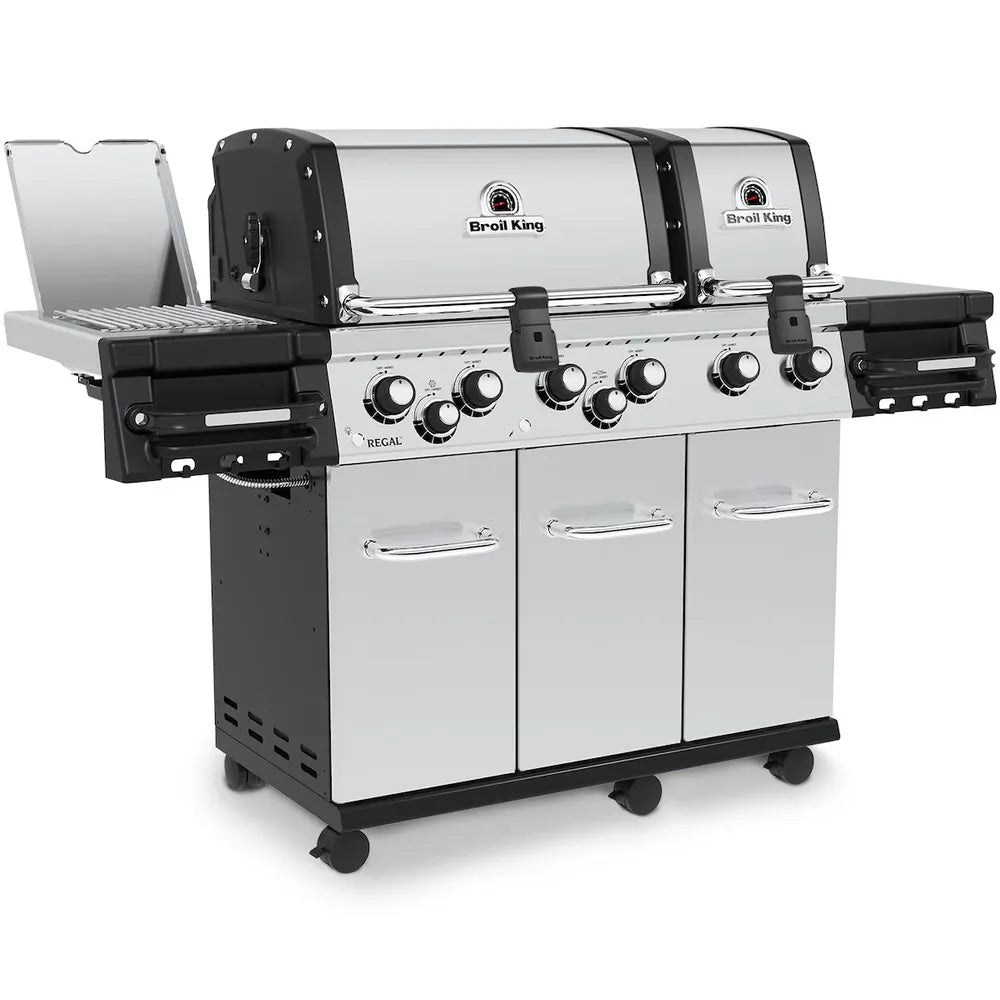 Broil King Regal S 690 Pro IR dual-oven grill, angled front view with side burner and dual ovens
