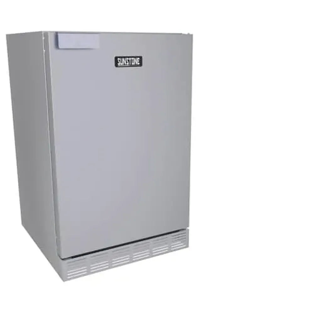 Sunstone 21-inch outdoor rated refrigerator in 304 stainless steel, compact undercounter fridge for patio bar and outdoor kitchen.