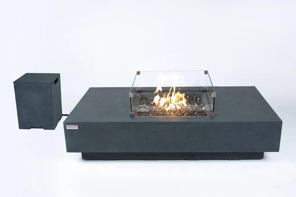 Elementi Plus Cannes fire table with matching dark gray propane tank cover.