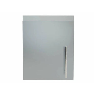 Sunstone SWC18CSDL 18 inch upper wall left swing cabinet shown closed from the front with a smooth stainless steel door and long vertical handle. The clean flat panel design highlights its modern outdoor kitchen storage style.