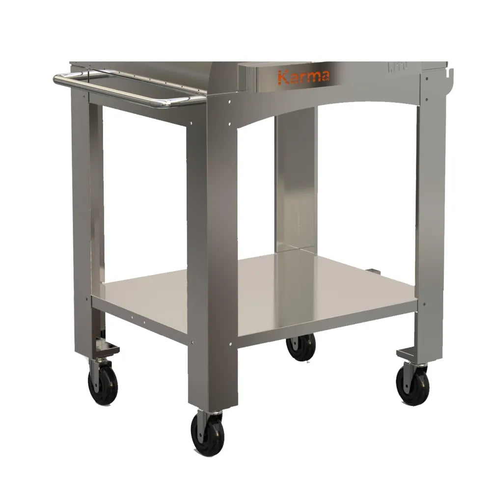 WPPO Karma 42 stainless steel stand cart with lower shelf, side handle, Karma logo, and rolling caster wheels.