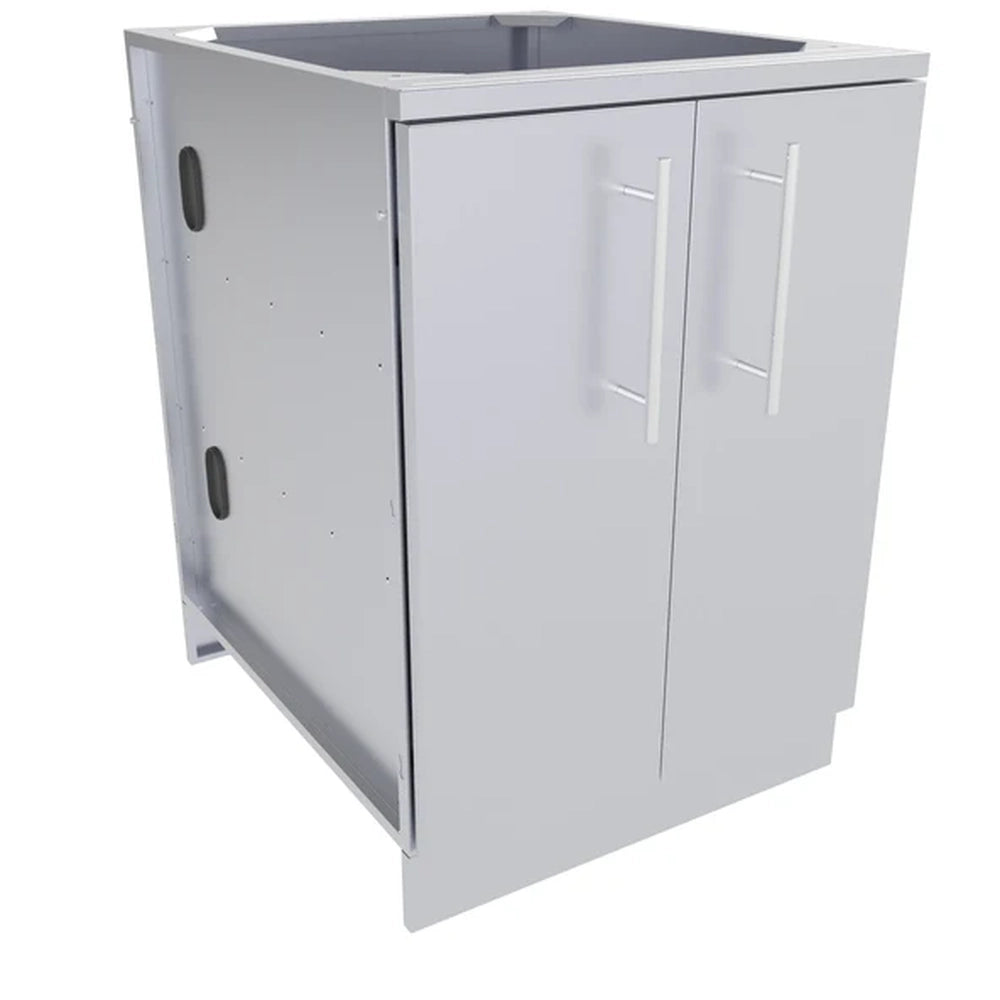 Sunstone SBC24FDD 24-inch stainless steel outdoor kitchen base cabinet with double doors and pro-style handles in a 3/4 perspective view.