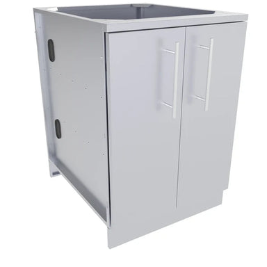 Sunstone SBC24FDD 24-inch stainless steel outdoor kitchen base cabinet with double doors and pro-style handles in a 3/4 perspective view.