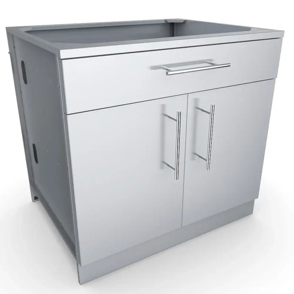 Sunstone SBC36CDD 36-inch outdoor kitchen double door base cabinet in 304 stainless steel with top drawer.