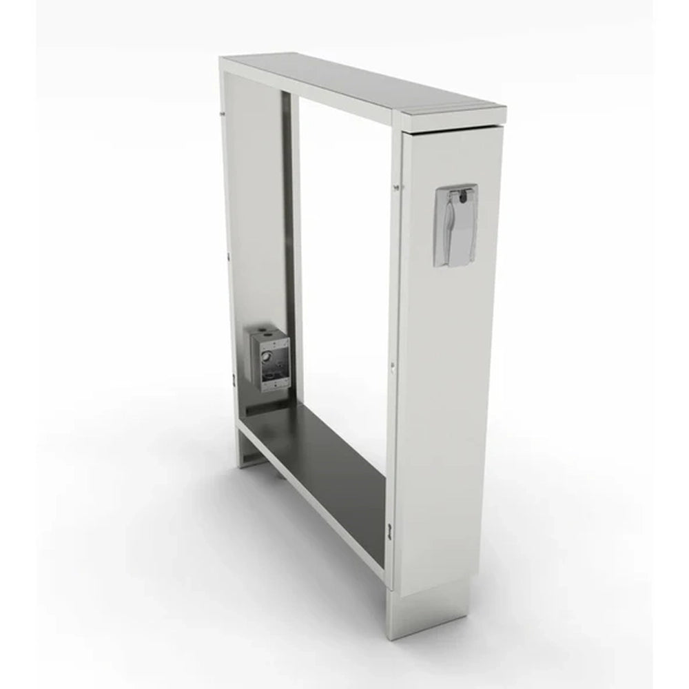Sunstone 6-inch stainless steel outdoor kitchen spacer cabinet with built-in GFCI electrical box, perspective view showing interior frame and side panel.