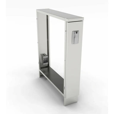 Sunstone 6-inch stainless steel outdoor kitchen spacer cabinet with built-in GFCI electrical box, perspective view showing interior frame and side panel.