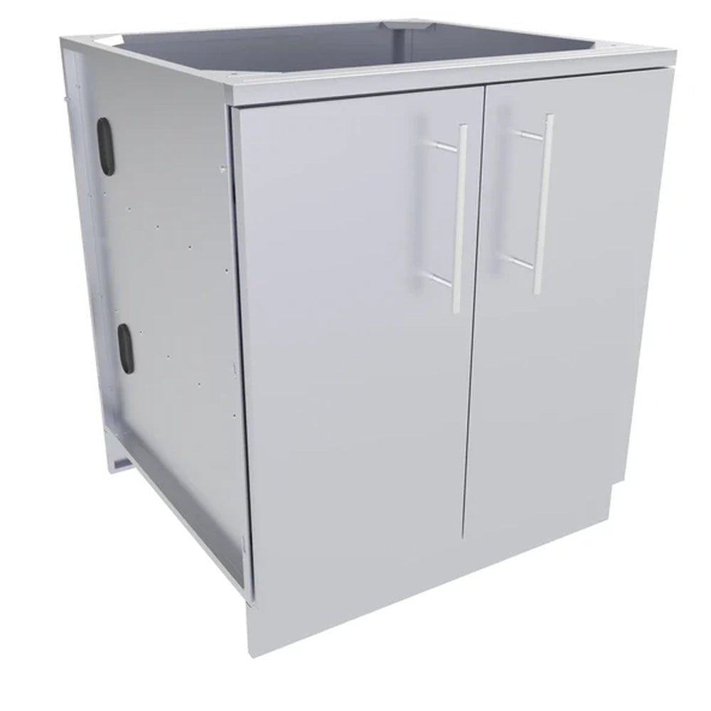 Angled front view of the Sunstone SBC30FDD 30-inch stainless steel outdoor kitchen base cabinet with double doors and sleek T-bar handles.