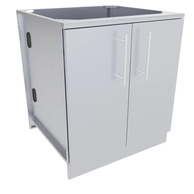 Angled front view of the Sunstone SBC30FDD 30-inch stainless steel outdoor kitchen base cabinet with double doors and sleek T-bar handles.