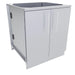 Angled front view of the Sunstone SBC30FDD 30-inch stainless steel outdoor kitchen base cabinet with double doors and sleek T-bar handles.