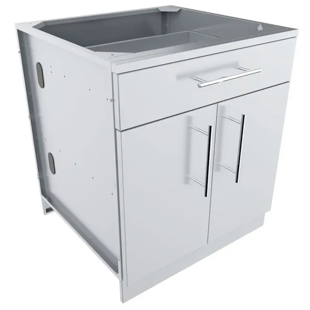 Angled view of a Sunstone 30-inch stainless steel double door base cabinet showing pre-drilled side ports for gas and electrical lines.