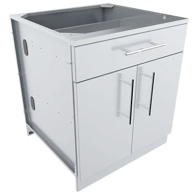 Angled view of a Sunstone 30-inch stainless steel double door base cabinet showing pre-drilled side ports for gas and electrical lines.