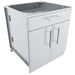 Angled view of a Sunstone 30-inch stainless steel double door base cabinet showing pre-drilled side ports for gas and electrical lines.